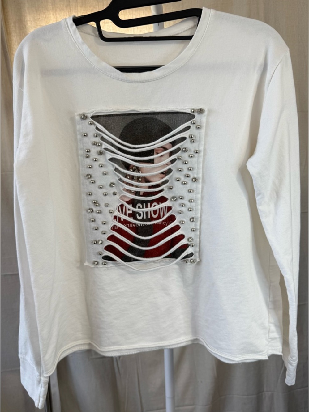 White Long-Sleeve Graphic Top with Stud and Distressed Panel Sz Medium